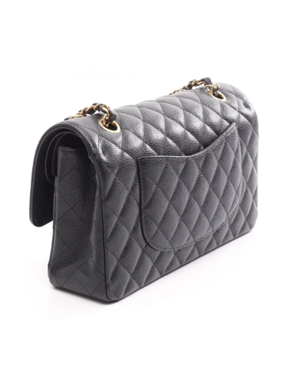 Chanel Shoulder Bag Quilted Double Flap Black Caviar Leather Chain